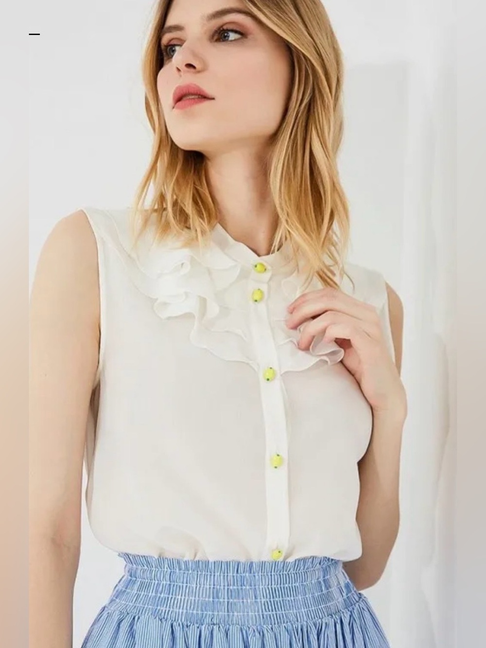 Moschino White Ruffle-Trim Sleeveless Camisole with lemon shape Accent Buttons,